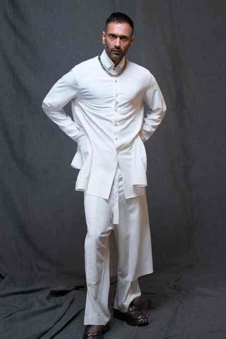 Buy Ivory Crepe Solid Panelled Extra Long Sleeves For Men by Vikram ...