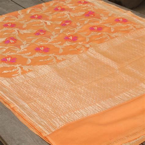 Orange Peach Pure Chiffon Georgette Banarasi Handloom Saree - Tilfi