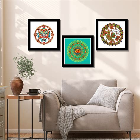 Set of 3 Madhubani Art Black Frame Art Print / Painting / Poster for W ...