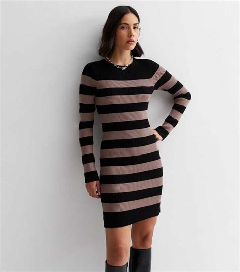 Brown Stripe Ribbed Knit Long Sleeve Mini Dress | New Look