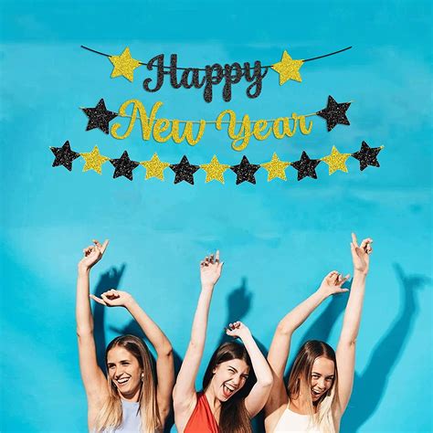 Buy Famoby Black Gold Paper Happy New year Banner Shiny metallic ...