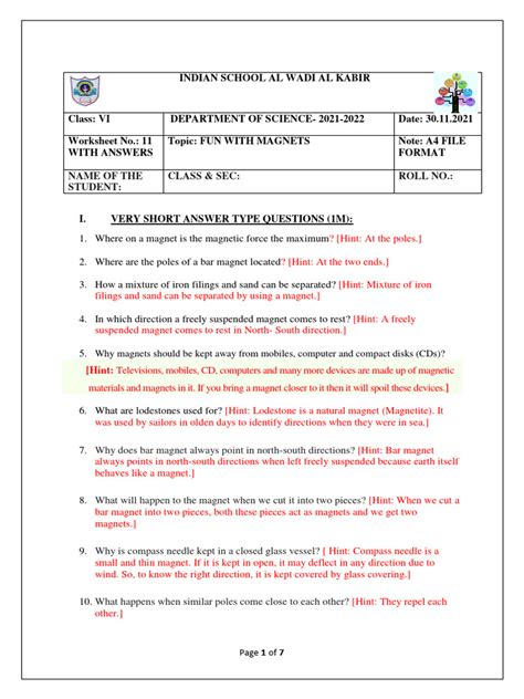 Class 6 Science Fun with Magnet Question and Answer 的图像结果