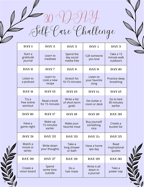30 Day Self Care Challenge Calendar | Printable PDF | - Etsy