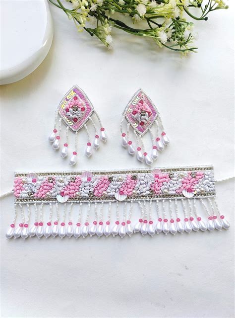Blushing Pink-White Beaded Pearl Choker Necklace Set for Haldi Mehndi ...