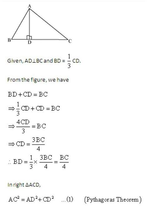 in a triangle ad perpendicular to bc and bd =1/3cd. prove that 2ac^2 ...