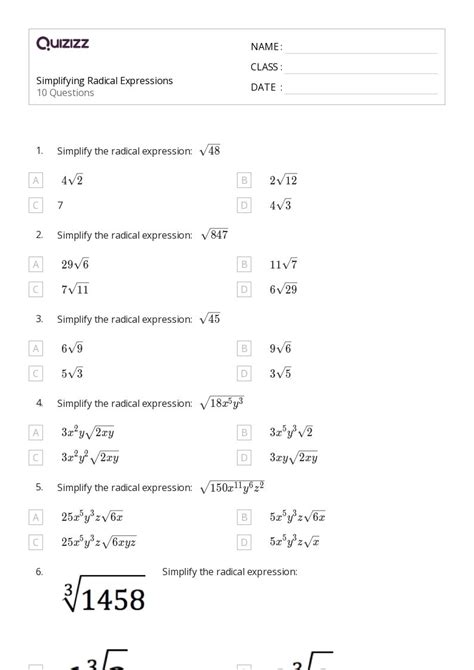 Simplifying Radical Expressions Worksheet 的图像结果