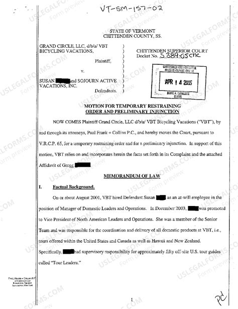 Vermont Motion for Temporary Restraining Order and Preliminary ...