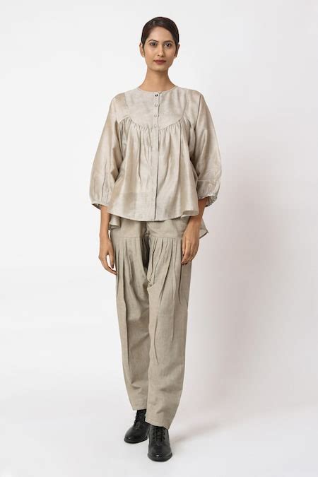 Buy Beige Chanderi Silk, Linen Embroidery Round Neck Top With Trouser ...