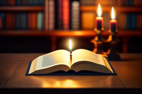 Lexica - Open book with candles on a pedestal inside a huge library