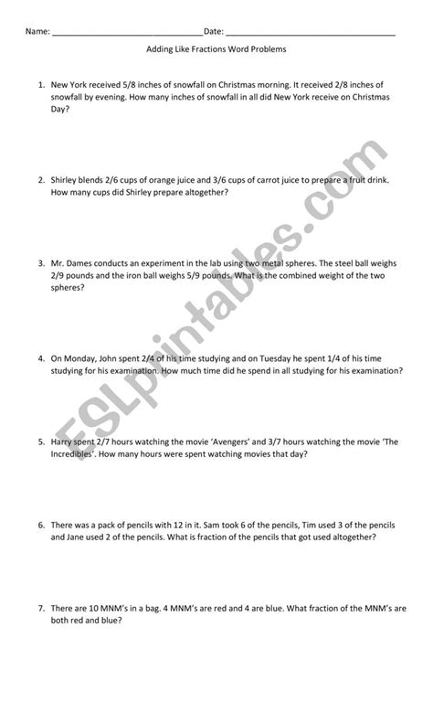 Addition Simple Word Problems On Fractions Worksheet 的图像结果