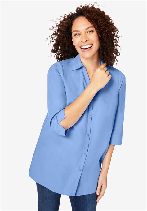 Pleat Back Three-Quarter Sleeve Shirt, French Blue Stripe | Woman Within