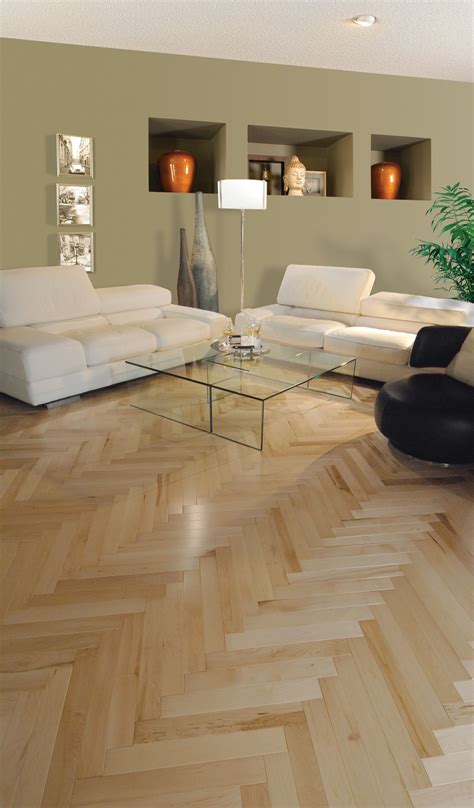 Living room with a natural Maple hardwood floor. Herringbone series ...
