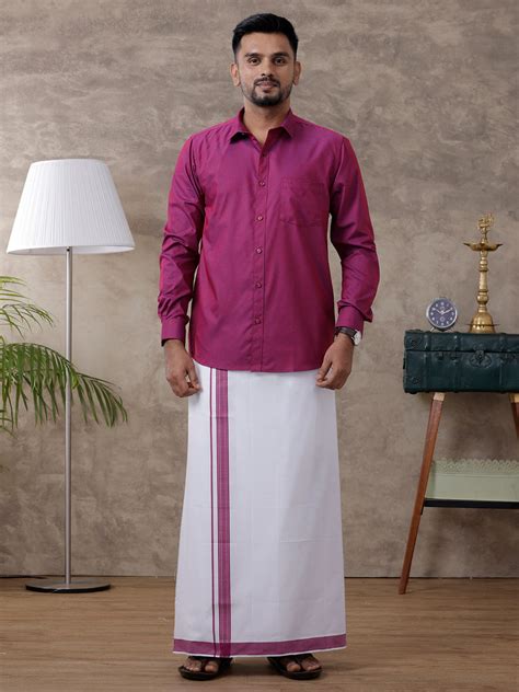 Ramraj Men Magenta Matching Border Dhoti & Full Sleeves Shirt Set ...