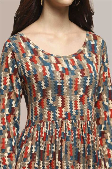 Beige & Brown Cotton Blend Flared Printed Dress