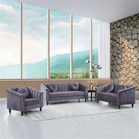 Jessica 3 Pieces Gray Microfiber Living Room Set Modern Velvet Sofa Set ...