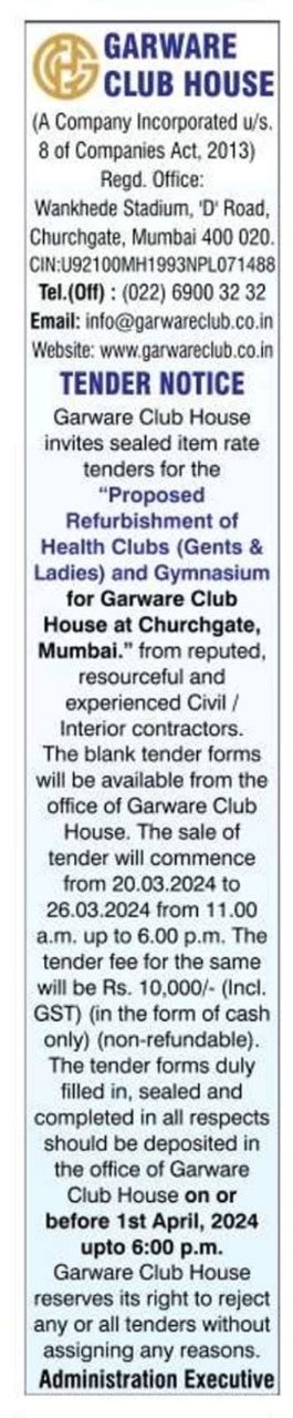 Tender Ad - 18th March,2024 - Proposed Refurbishment of Health Clubs ...