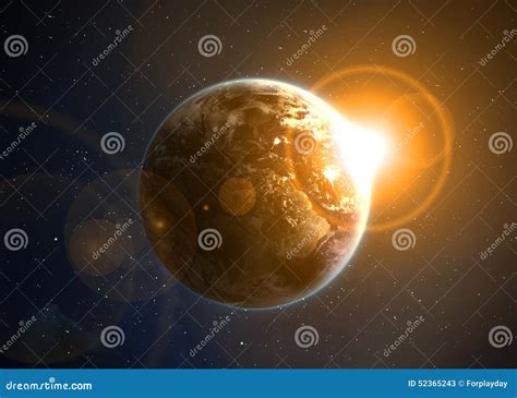 Earth with the rising sun stock illustration. Illustration of clouds ...