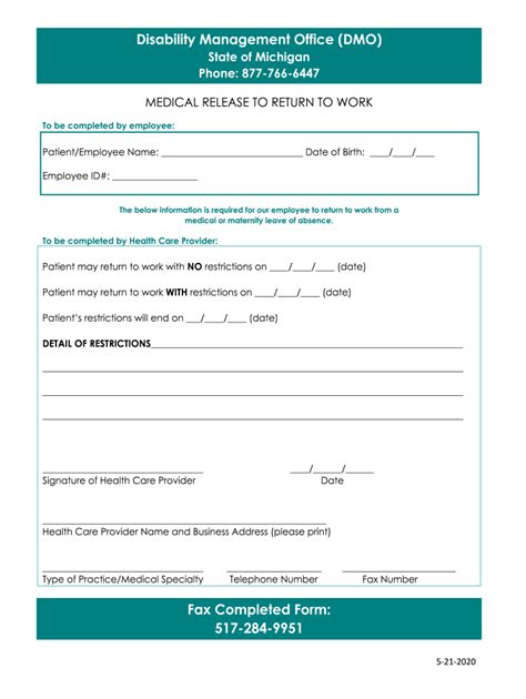 2020-2026 Form MI DMO Medical Release to Return to Work Fill Online ...