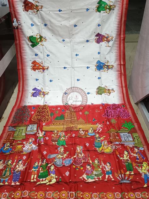 White Red Diwali Theme Pattachitra Sambalpuri Silk Saree