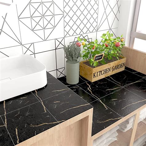 Buy VEELIKE 12-Pack Black Marble Vinyl Flooring Peel and Stick Self ...