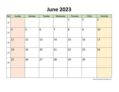 June 2023 Calendar Printable with coloring on weekend (horizontal ...