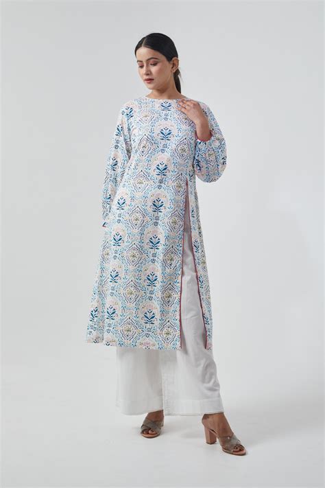 Shop High-Slit Kurta Palazzo in Off-White Cotton Hand Block Print - Vinusto