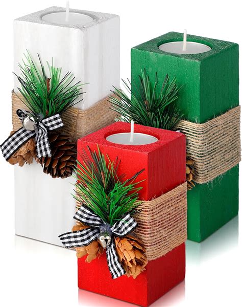 Amazon.com: Sliner 3 Pcs Christmas Candle Holders with Candles Wooden ...