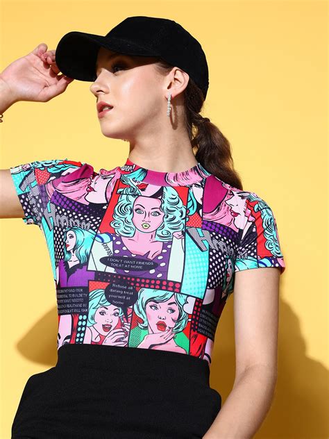 Women Multicolour Graphic Printed High Neck Knitted Regular T-Shirt ...