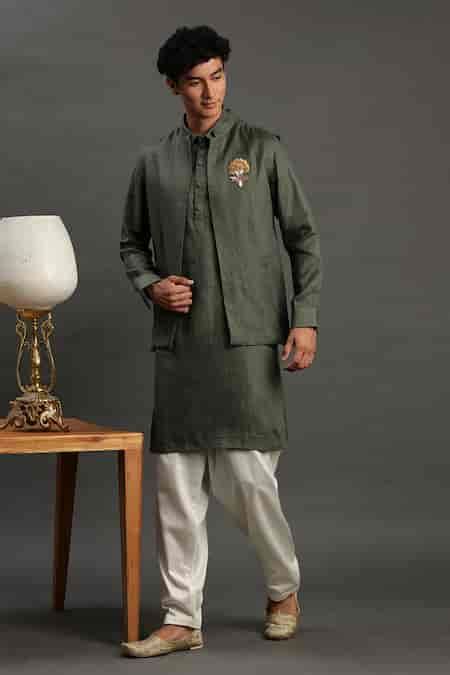 Buy Green Linen Embroidery, Beads Waistcoat With Kurta Set For Men by ...