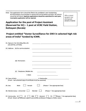 Fillable Online 1 post at VCRC Field Station, Kottayam (Kerala) Fax ...