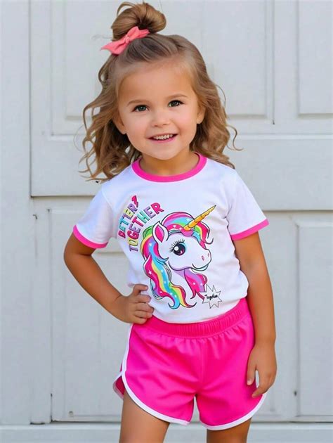 2pcs/Set Young Girls Colorful Unicorn & English Print Round Neck Short ...