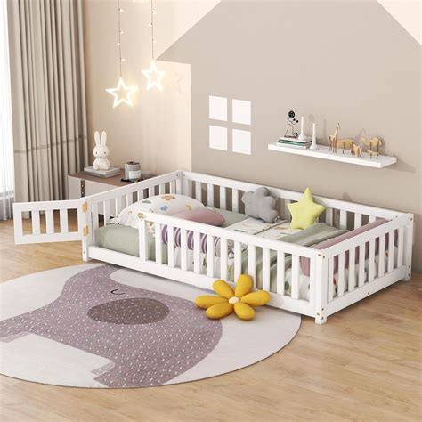 DNYN Twin Size Floor Bed for Kids Bedroom,Wooden Bedframe w/Door ...