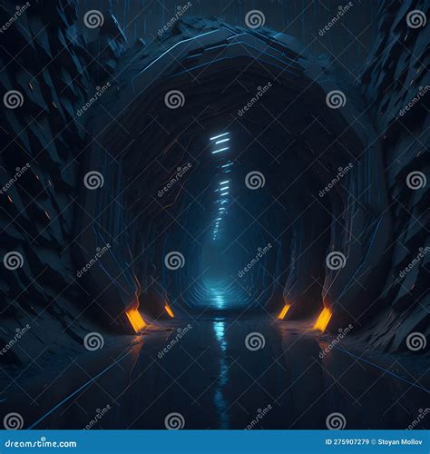 Sci Fi Rock Mountain Shelter Tunnel Corridor Wet Asphalt Floor Orange ...