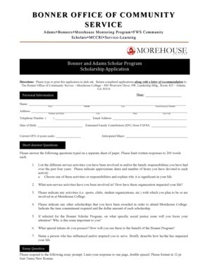 Fillable Online morehouse Bonner - Adams Scholar Application ...