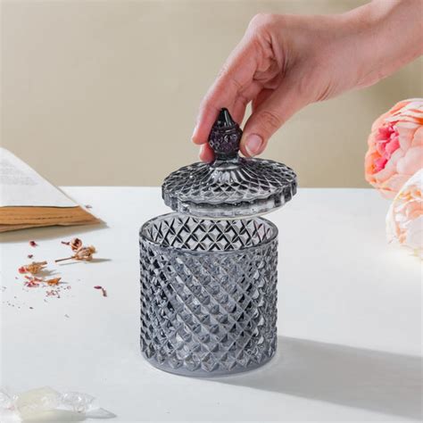 Vintage Diamond Glass Jar With Lid Grey 250ml Online - Premium Jar With ...