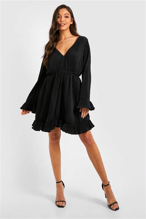 Pleated V Neck Smock Dress | boohoo USA