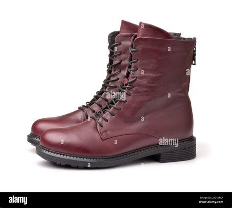 Side view of maroon leather winter ladies boots isolated on white Stock ...