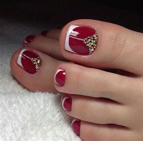 Red toe nails with white french tip and rhinestones Pretty Toe Nails ...