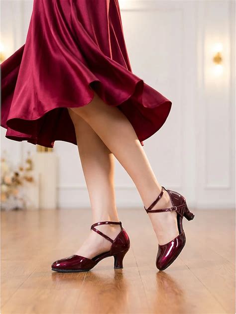 Women's Burgundy Patent Ballroom Dance Shoes with Cross Strap, Low Heel ...