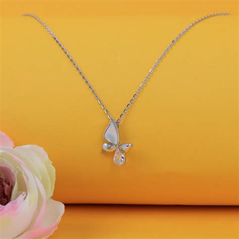 Silver Cz With Mother of Pearl Butterfly Pendant With Chain – Eri Silvers
