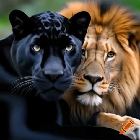 Black panther and lion embracing affectionately on Craiyon