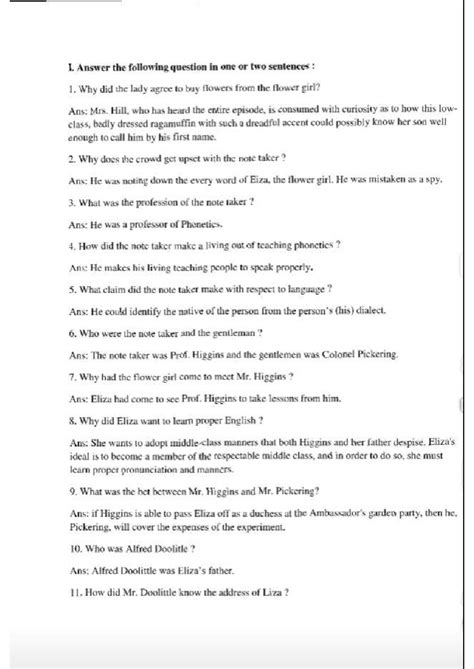 Pygmalion notes - I. Answer the following question in one or two ...