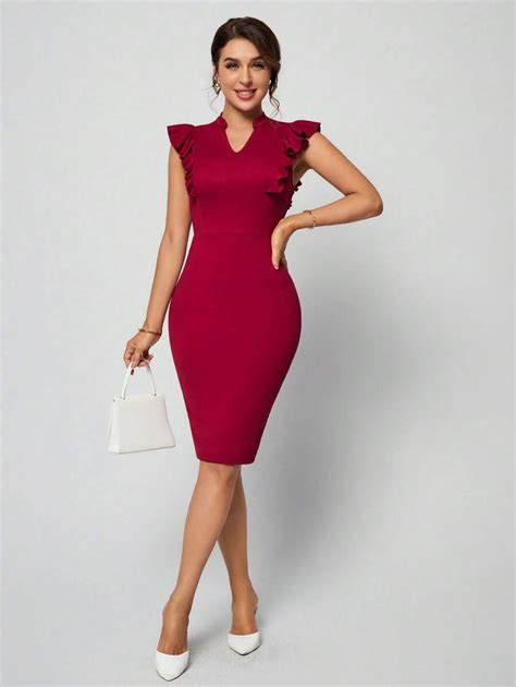 SHEIN Clasi Notched Neckline Ruffle Trim Bodycon Dress Work Dress ...