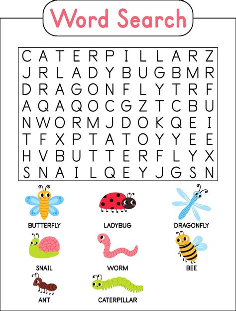 Words search puzzle game of insect bug animals for preschool kids activity worksheet colorful ...