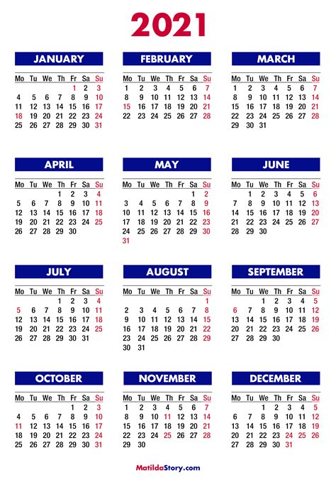 Free 2021 Printable Calendar With Holidays - Riset