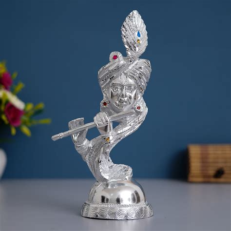 Silver Lord Krishna Playing Flute Metal Statue - eCraftIndia Online