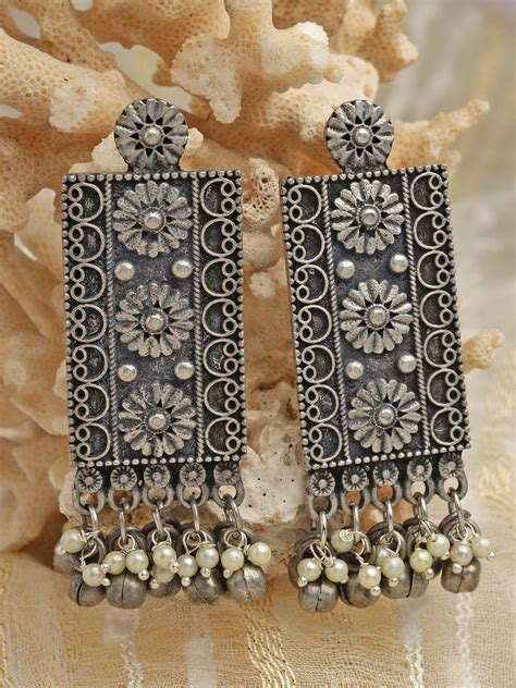Oxidised Floral Drop Earrings