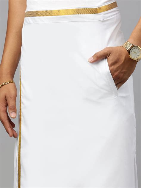 Ramraj Genxt Mens Genxt Readymade Pocket Dhoti White with Gold Jari 3/4 ...