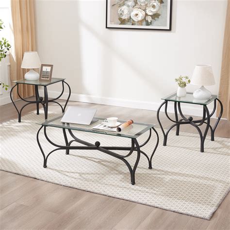 JRHRXXY Black Tempered Glass Coffee Table Set, 3-Piece with Modern ...