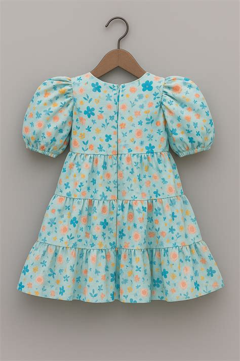 Girls Tiered Floral Cotton Dress with Puffed Sleeves & Statement Bow ...